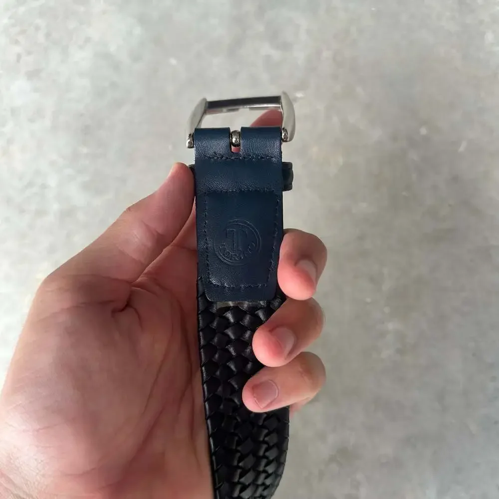 Torino Leather Co. Woven Braided Leather Belt Navy Blue Size 42